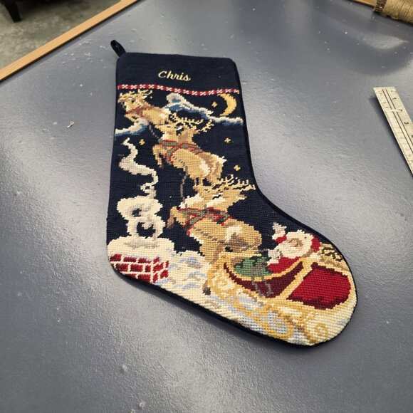 Lands End Santa in Sleigh Needlepoint Christmas Stocking Blue Velvet Back CHRIS - Picture 6 of 6
